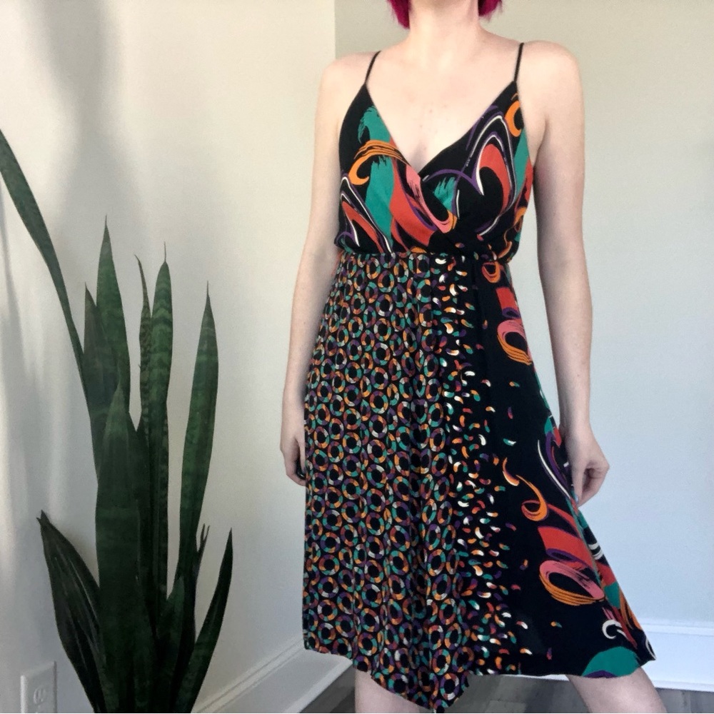 Vintage 1970s-80s Warren Z Abstract Print Surplice Neck Disco Dress